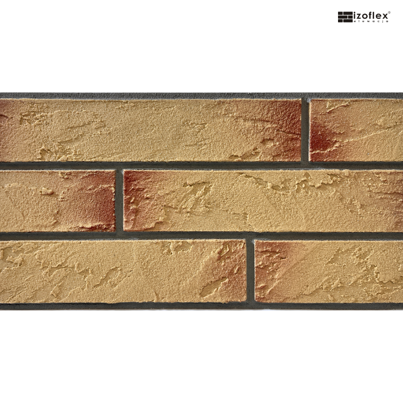 IO39 – płytka elewacyjna w tonacji miodowej z czerwonymi przetarciami