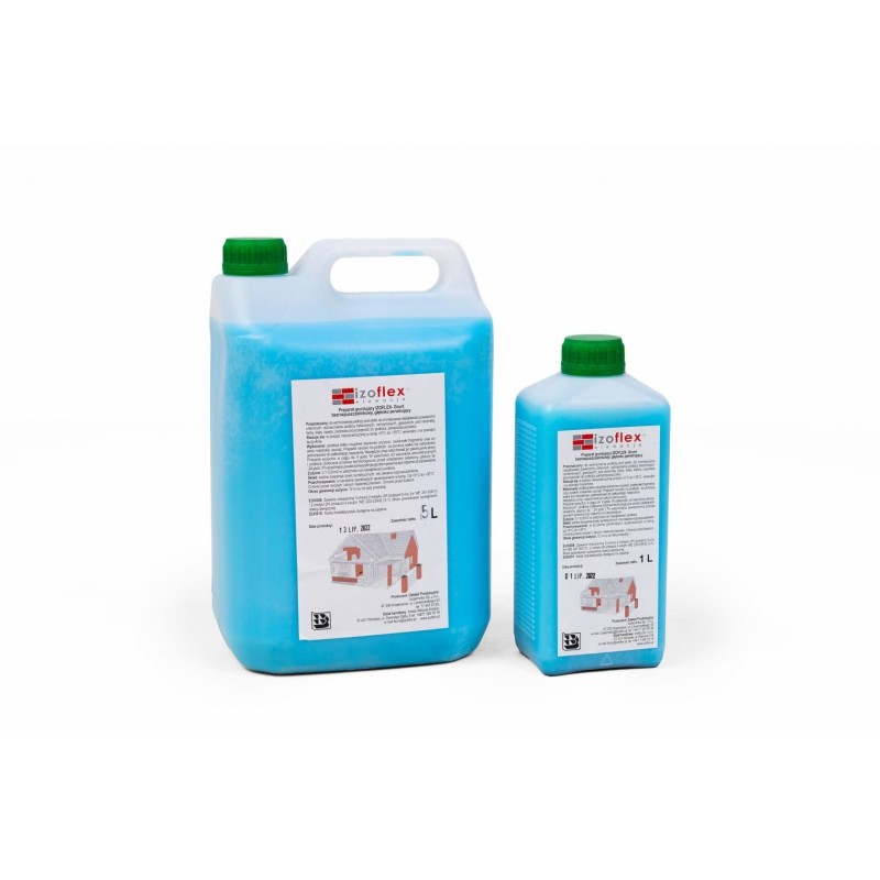 Izoflex – preparat gruntujący w opakowaniach 5 l i 1 l, koncentrat w kolorze niebieskim z etykietą produktową