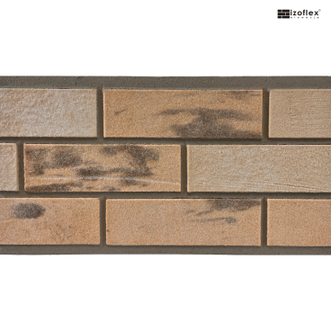 Płytki elewacyjne Sandmix 1 – jasnobeżowe cegiełki z ciemnymi przebarwieniami