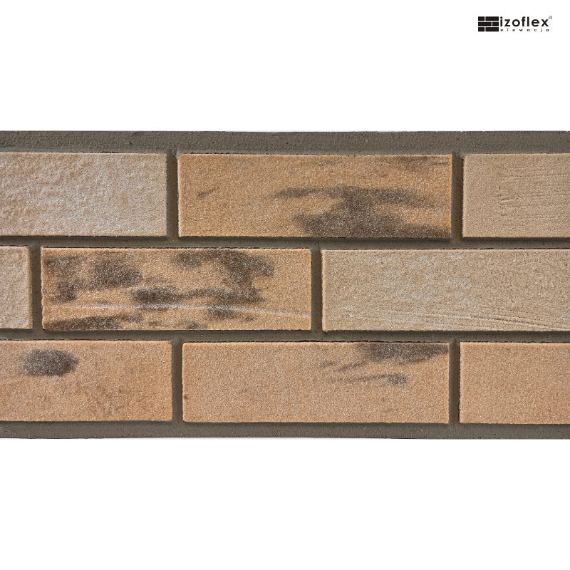 Płytki elewacyjne Sandmix 1 – jasnobeżowe cegiełki z ciemnymi przebarwieniami