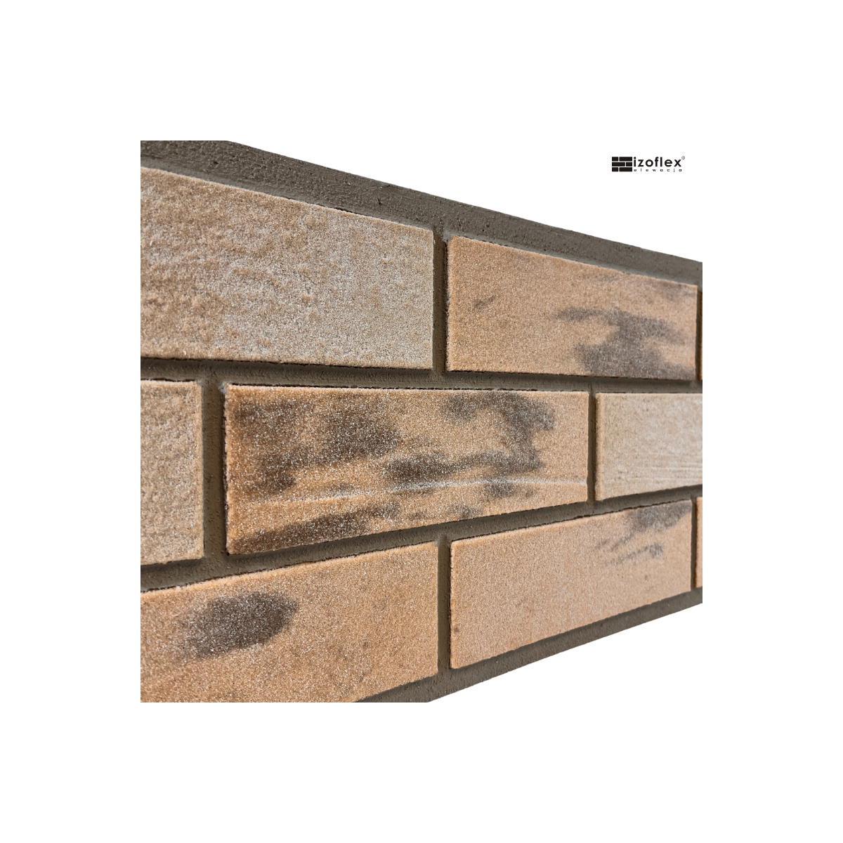 Płytki elewacyjne Sandmix 1 – jasnobeżowe cegiełki z ciemnymi przebarwieniami